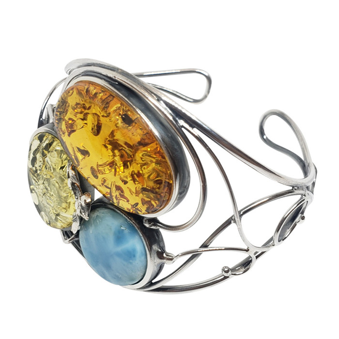 Multi-Color Amber/Larimar Handmade Cuff Bracelet