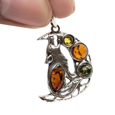 Baltic Amber Wolf on the Moon Pendant Jewelry