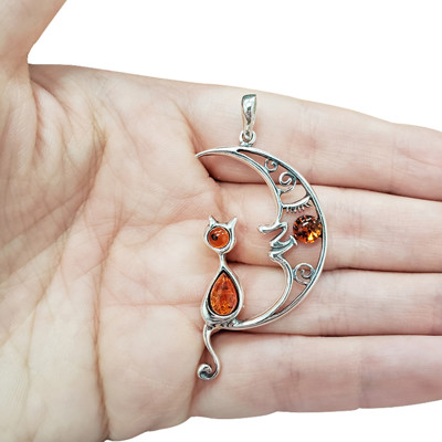 Cat On the Moon Cognac Amber Pendant