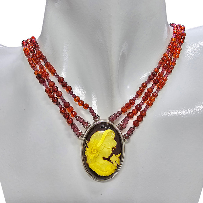 Amber  Garnet Lady Cameo Necklace 20