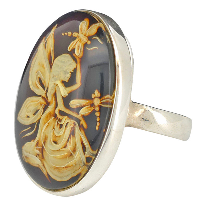 Fairy And Dragonflies Cameo Amber / Silver Adjustable Ring
