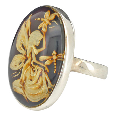 Fairy And Dragonflies Cameo Amber / Silver Adjustable Ring