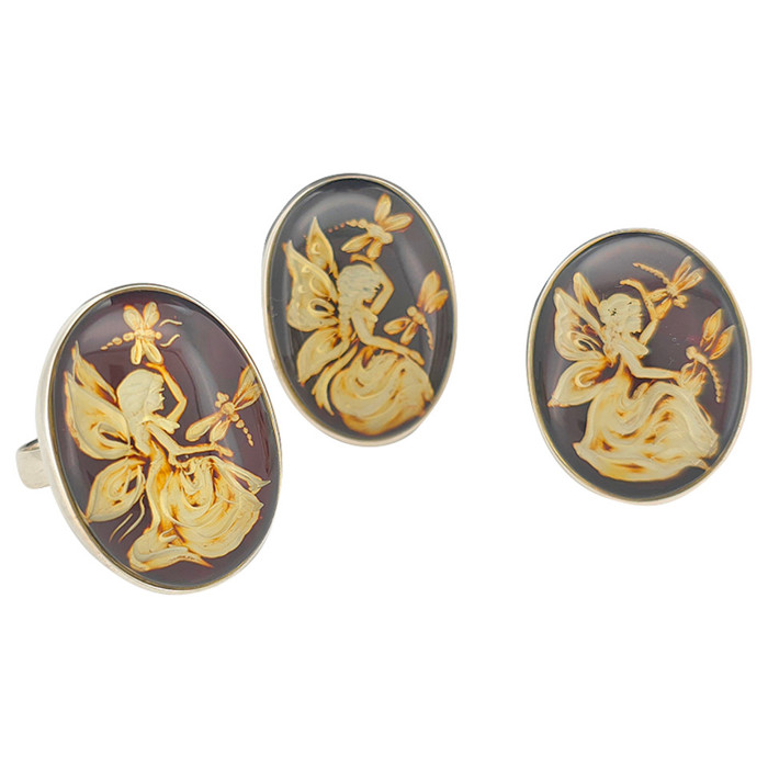 Fairy And Dragonflies Cameo Amber / Silver Adjustable Ring