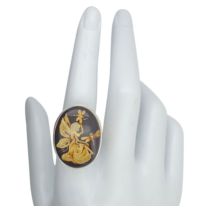 Fairy And Dragonflies Cameo Amber / Silver Adjustable Ring