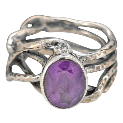 Amethyst Sterling Silver Textured Branches Ring