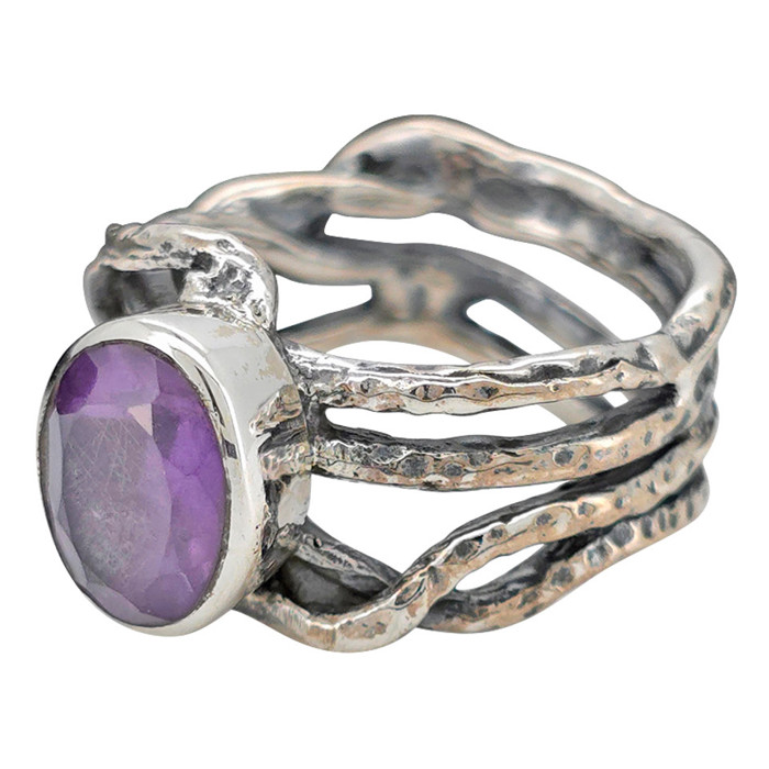 Amethyst Sterling Silver Textured Branches Ring