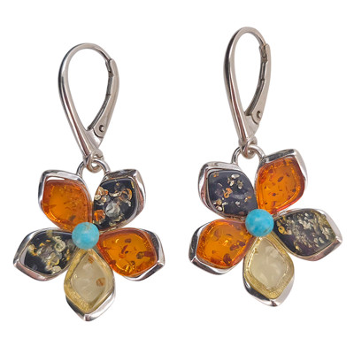 Multi-Color Amber and Howlite Sterling Silver Flower Zia Design Earrings