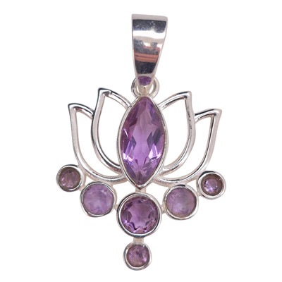 Faceted Amethyst Sterling Silver Lotus Pendant