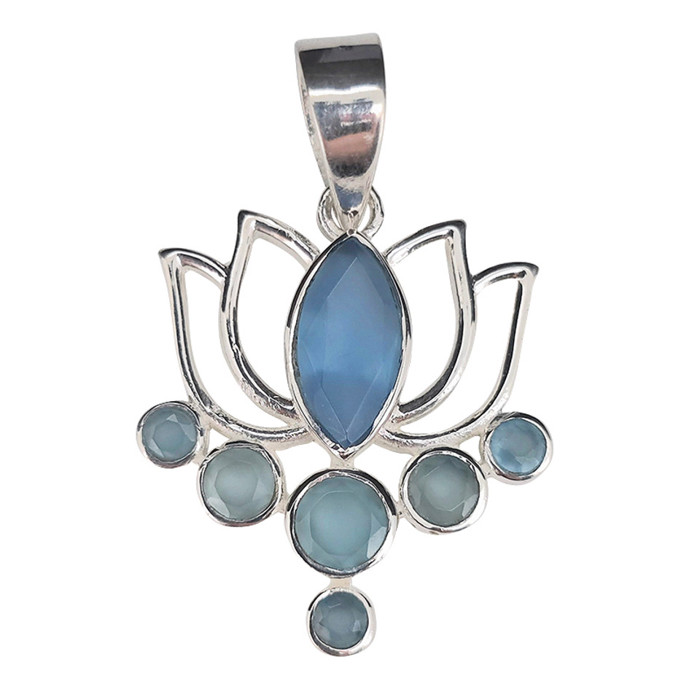 Faceted Blue Chalcedony Sterling Silver Lotus Pendant