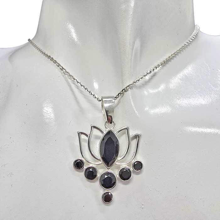 Faceted Black Onyx Sterling Silver Lotus Pendant