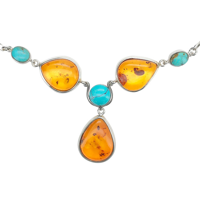 Amber, Turquoise Sterling Silver Necklace 24"
