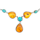  Amber, Turquoise Sterling Silver Necklace 24"