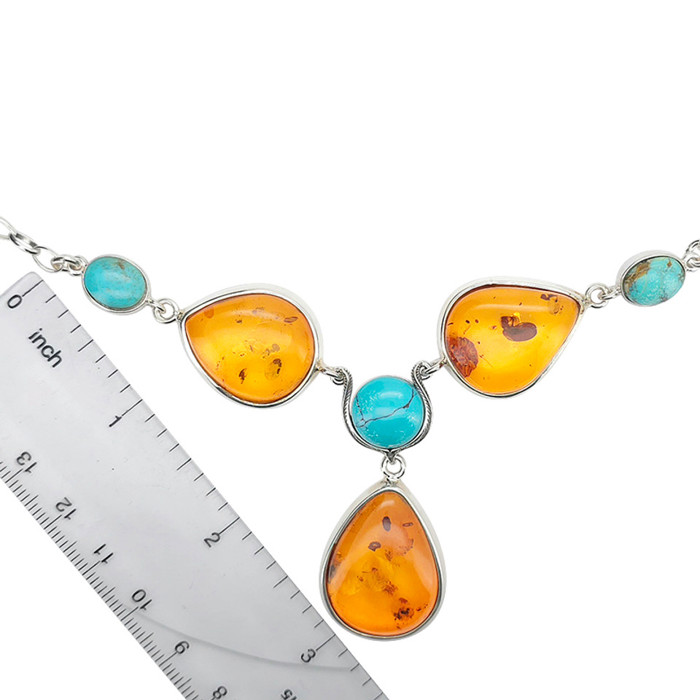 Amber, Turquoise Sterling Silver Necklace 24"