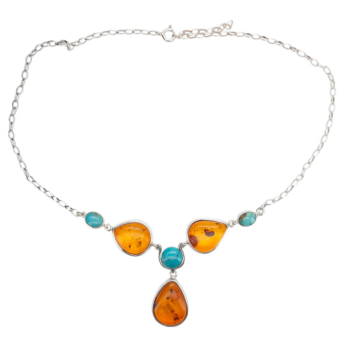 Amber, Turquoise Sterling Silver Necklace 24"