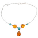  Amber, Turquoise Sterling Silver Necklace 24"