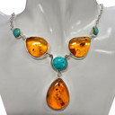  Amber, Turquoise Sterling Silver Necklace 24"