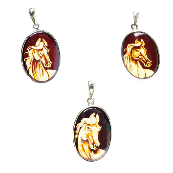 Hand Carved Horse Amber Pendant