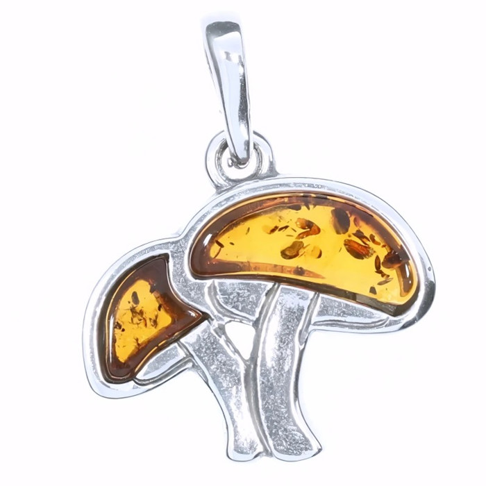 Mushrooms Cognac Amber Sterling Silver Pendant