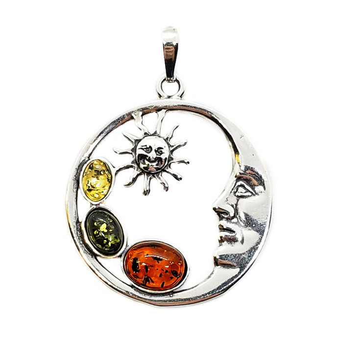 Multi Color Amber .925 Silver Sun and Moon Pendant