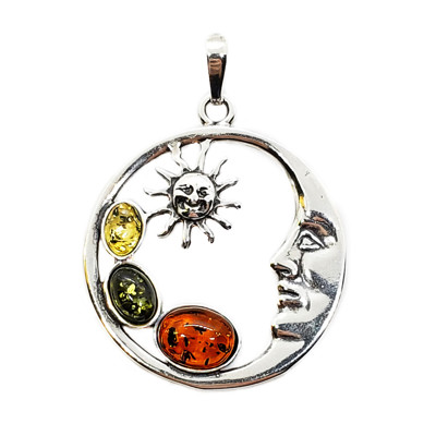 Multi Color Amber .925 Silver Sun and Moon Pendant